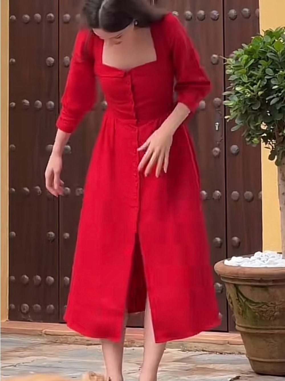 Square-Neck Red Button-Front Midi Dress